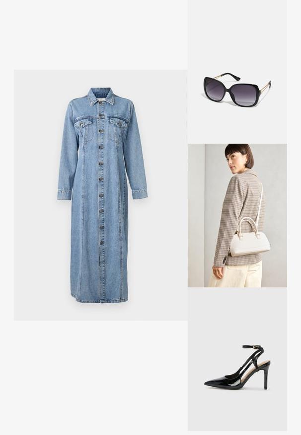 Denim skjortekjole med knaplukning fortil, to brystlommer, lange ærmer, krave og en løs, ankel-lang silhuet.; Svart lakkert høye hæler med åpen bakside og spiss tå, justerbar ankelrem og åpne sider. Jevn tekstur.; Sorte oversized solbriller med gradient linser, tykke rammer og detaljering med gulltonekjede på tempelarmene.; Hvit strukturert håndveske med korte håndtak og skulderreim, med detaljer i gullfinish og teksturert materiale, vist mot en grå bakgrunn.
