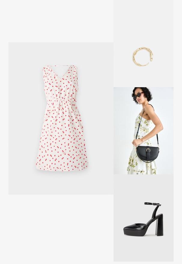 Bijela haljina bez rukava s V-izrezom, koja ima print trešanja u crvenoj boji. Elastičan pojas i lepršava suknja za opušteni izgled.; Crne platforme s potpeticom s oštrim vrhom i podešivom naramenicom. Izrađene od glatke kože, s masivnom blok petom.; Crna kožna torba s lukovitim oblikom, odvojivim remenom i zlatnim detaljima. Torba ima preklop s kopčom.; Prsten u zlatnoj nijansi s organskim, uvijenim dizajnom, glatkom teksturom i suženim krajevima, koji stvara moderan, skulpturalni izgled.