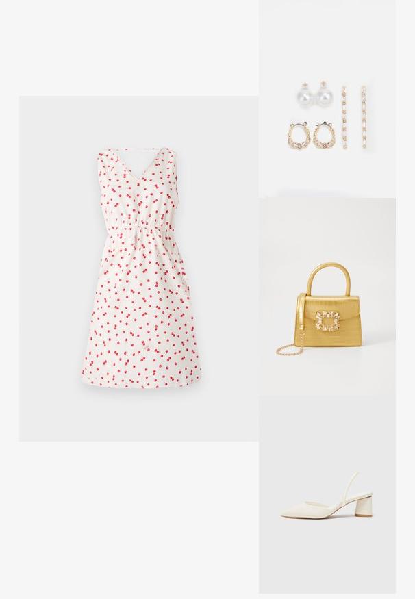 Vestido blanco sin mangas con escote en V, con un estampado de cerezas en rojo. Detalle de cintura elástica y falda acampanada para un ajuste relajado.; Zapato de tacón blanco tipo slingback con punta afilada, textura lisa y tacón cuadrado. Presenta una delgada correa en la parte trasera para un ajuste seguro.; Bolso de mano de imitación cocodrilo amarillo con un diseño estructurado, asa superior, correa de cadena desmontable y embellecimiento de cristal decorativo en el cierre.; Tres pares de pendientes: grandes aretes de perlas blancas, aros de oro con piedras preciosas transparentes, y dos pendientes largos y rectos de oro con detalles brillantes.