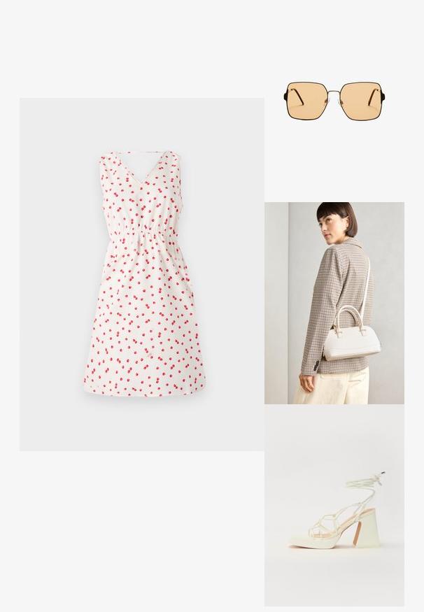 Hvid ærmeløs kjole med V-udskæring, prydet med kirsebærprint i rødt. Elastisk talje og udvidet skørt for en afslappet pasform.; Hvide højhælede sandaler med en kraftig hæl, der har et stropdesign og ankelbinding. Glat tekstur med en platform foran for ekstra højde.; Firkantede solbriller med brune linser og en tynd sort metalramme. Har skrå templer og justerbare næsepuder for komfort.; Hvid struktureret taske med korte håndtag og en skulderrem, prydet med guldfarvede hardwaredetaljer og tekstureret materiale, præsenteret mod en grå baggrund.