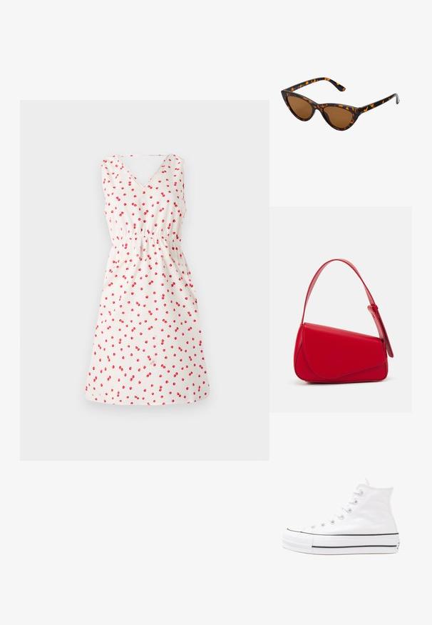 Witte mouwloze jurk met een V-hals, met een kersenprint in het rood. Elastische taille en uitlopende rok voor een casual pasvorm.; Witte high-top canvas sneakers met een zwarte rubberen zool, een rubberen neuskap aan de voorkant en zes gaatjes voor veters, met een schone, minimalistische uitstraling.; Cat-eye zonnebril met een zwart en oranje schildpadframe, bruine lenzen en slanke, puntige uiteinden. Bevat een minimalistisch logo op de poot.; Rode leren handtas met een hoekig, geometrisch ontwerp. Beschikt over een enkele verstelbare schouderriem en een klepclosure met gestikte details.