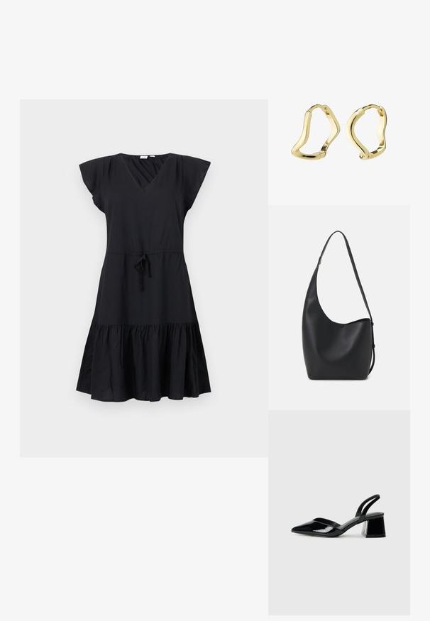 Musthave muströöpidega lühikeste varukatega kleit, V-kaelusega, kitsas korpus, köitega vöökoht ja flared kihiline seelik. Valmistatud kerge kangast.; Mustad musta lakknahk kingad, millel on terav varvas ja geomeetriline plokkkonts. Omab elegantselt minimalistlikku disaini ja sujuvat tekstuuri.; Mustast nahast hobo kott, millel on sile tekstuur, kumer kuju ja üks reguleeritav rihm; peal on lai avaus.; Kuldse sõrmused voolava, lainevormilise kujundusega. Sile tekstuur, avatud kuju ja nähtamatud kinnitused. Minimalistlik ja kaasaegne välimus.