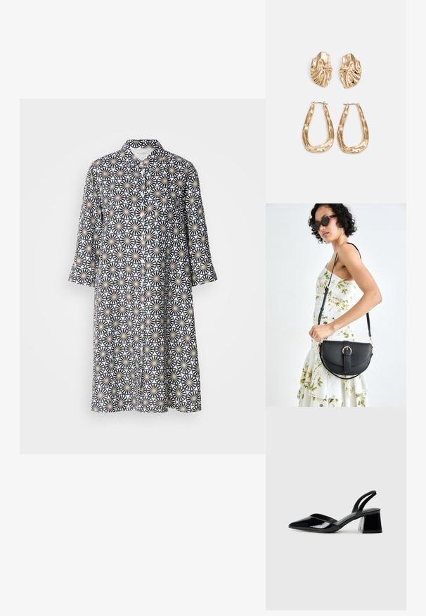 Knappkjole i marineblå med et blomstergeometrisk mønster på lys bakgrunn. Langermet, kne-lengde, med krage og frontlomme.; Svarte patentlær slingback hæler med spiss tå og geometrisk blokk hæl. Har et stilrent, minimalistisk design og jevn tekstur.; Svart lærveske med en buet form, avtagbar stropp og gullbeslag. Vesken har et klaff med spenne-detall.; Gullfargede øredobber med teksturerte, bølgete former. Inkluderer skulpturelle klipsstuds og åpen hoop-design med en hamret finish.