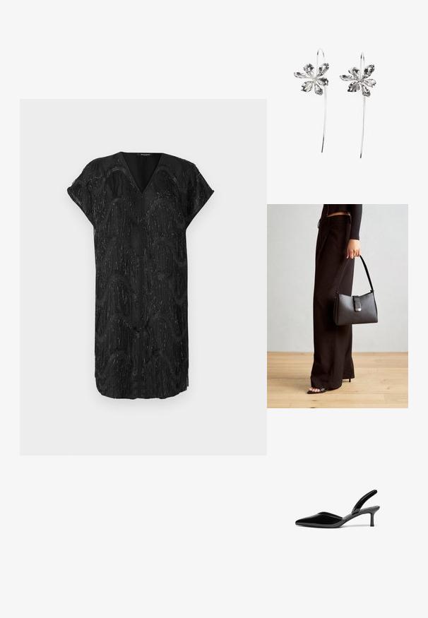 Vestido preto com decote em V e mangas de cap sleeve, apresentando um design texturizado de franjas verticais cintilantes em padrões ondulados.; Sapatilhas de salto slingback em couro sintético preto com bico fino, salto stiletto baixo e um design elegante e simples, sem embellishments.; Bolsa preta com forma estruturada, textura suave e um fecho metálico. Combinada com calças largas pretas e sandálias de salto aberto sobre um chão de madeira.; Brincos em forma de flor prateados com um acabamento texturizado, apresentando ganchos longos e detalhes semelhantes a pétalas para um design intrincado.