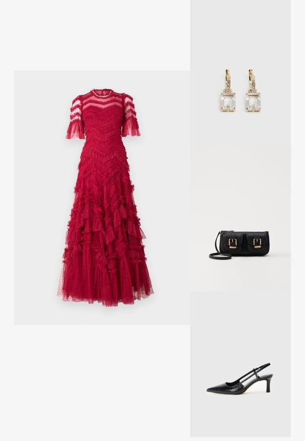 Needle & Thread ELIA SHORT SLEEVE GOWN - Ballkleid - red; Schwarze Lack-Slingback-Pumps mit spitzem Zehenbereich, versehen mit strukturiertem Schlangenprint, verstellbarem Riemen und einem kurzen, strukturierten Blockabsatz.; Schwarze Leder-Umhängetasche mit zwei vorderen Taschen, goldenen Schnallen, Reißverschluss und einem schmalen Tragegurt. Texturierte Oberfläche und kompakte rechteckige Form.; Ohrringe in Goldfarbe mit einem rechteckigen, durchsichtigen Kristall, der unter einer Reihe kleiner, runder klarer Akzente hängt. Elegantes, modernes Design.