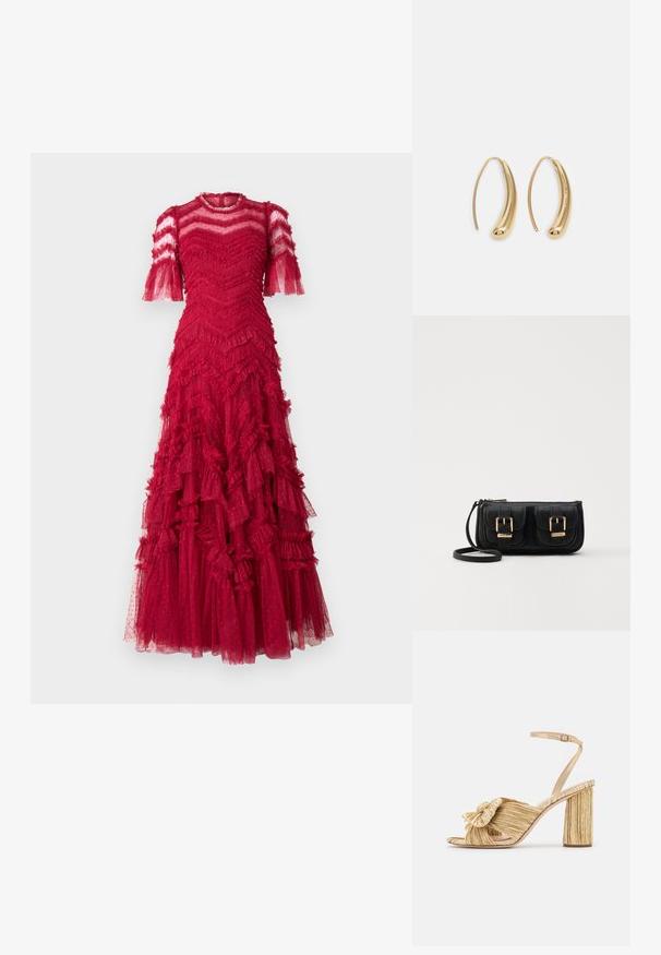 Needle & Thread ELIA SHORT SLEEVE GOWN - Společenské šaty - red; Zlaté sandály na podpatku s uzlem vpředu, sklady na povrchu a páskem kolem kotníku. Blokový podpatek má žebrovaný design, který zvyšuje přilnavost.; Černá kožená crossbody taška se dvěma předními kapsami, zlatými přezkami, zipovým uzávěrem a štíhlým popruhem. Texturovaný povrch a kompaktní obdélníkový tvar.; Náušnice ve tvaru kruhu z pozlaceného kovu s vroubkovaným, prodlouženým tvarem. Mají hladký, lesklý povrch a zaoblený konec pro zvýraznění detailu.