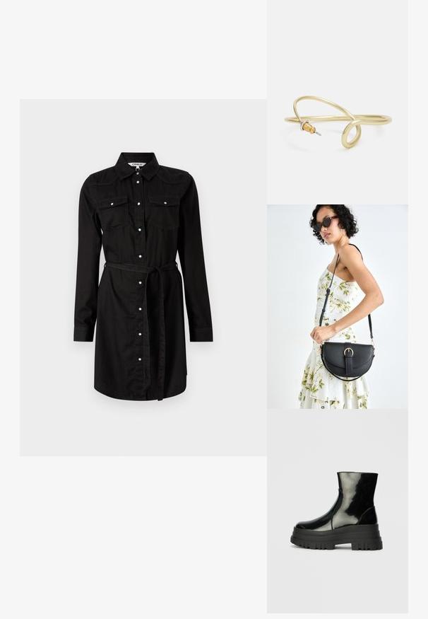 Crna tunika sa dugim rukavima od mješavine pamuka, s prednjim kopčanjem na gumbe, dva džepa na prsima i uklonjivim remenom za oblikovanje.; Crna sjajna čizma do ankleta s debelim zupčastim potplatom i zaobljenim vrhom, bočni pogled na jednostavnoj svijetlosivoj pozadini.; Crna kožna torba s lukovitim oblikom, odvojivim remenom i zlatnim detaljima. Torba ima preklop s kopčom.; Zlatna metalna narukvica s fluidnim, zavojitim dizajnom. Sadrži mali, istaknuti srebrni akcent na jednom kraju.