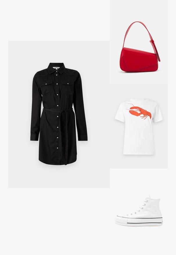 Vestido camiseiro preto de mangas compridas em malha de algodão, apresentando uma frente com botões, dois bolsos no peito e um cinto removível para acentuar a silhueta.; Camiseta de algodão branca com um grande gráfico de lagosta vermelha brilhante na frente. Mangas curtas e design de gola redonda padrão.; Sapatilha alta de tela branca com sola de borracha preta, bico de borracha na frente e seis ilhós para os atacadores, apresentando um design limpo e minimalista.; Bolsa de mão em couro vermelho com um design angular e geométrico. Apresenta uma única alça ajustável e um fecho com aba, com detalhes cosidos.