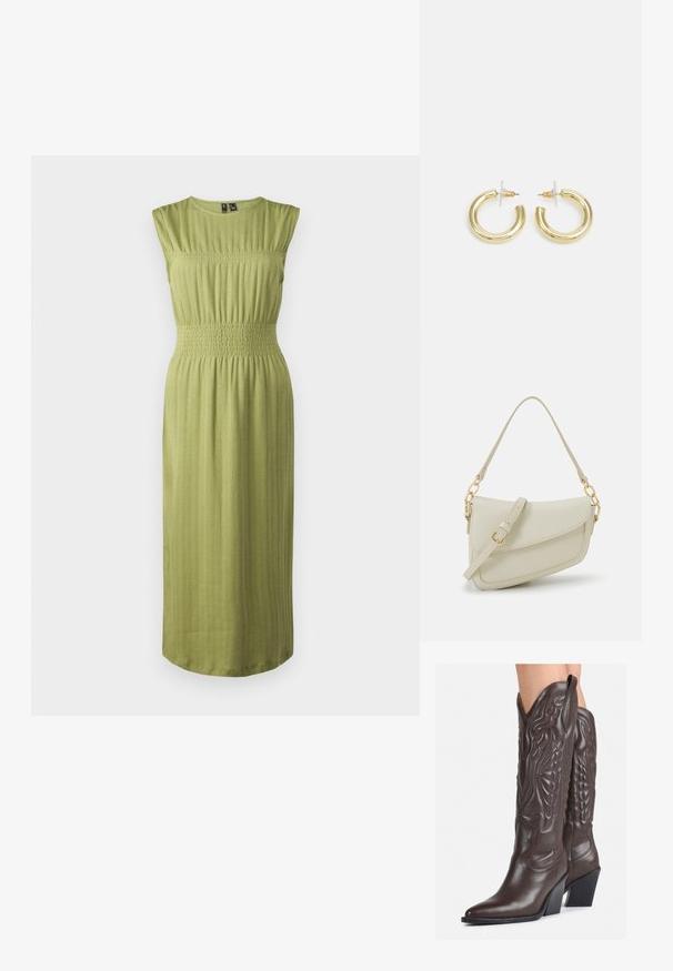 Rochie verde, fără mâneci, cu un bust ajustat și talie smock. Țesătură texturată cu linii verticale subtile. Lungime midi cu tiv drept.; Bocanci de cowboy din piele maro, cu vârf ascuțit și toc pătrat, având cusături detaliate și accente ridicate pe tijă.; Geantă mică de crem cu un finisaj texturat, curea lungă și ajustabilă, accent cu lanț și închidere cu clapetă. Detalii din hardware aurie.; Cercei cercuri din aur cu un finisaj neted și strălucitor. Design circular cu un mic suport și un spate transparent pentru o purtare sigură.