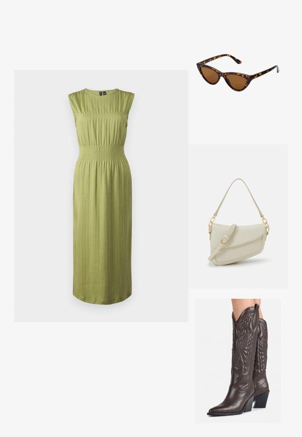 Rochie verde, fără mâneci, cu un bust ajustat și talie smock. Țesătură texturată cu linii verticale subtile. Lungime midi cu tiv drept.; Bocanci de cowboy din piele maro, cu vârf ascuțit și toc pătrat, având cusături detaliate și accente ridicate pe tijă.; Ochelari de soare în stil cat-eye, cu o ramă din material cu tortoiseshell negru și portocalie, lentile maro și vârfuri elegante, ascuțite. Prezintă un logo minimal pe brățara ochelarilor.; Geantă mică de crem cu un finisaj texturat, curea lungă și ajustabilă, accent cu lanț și închidere cu clapetă. Detalii din hardware aurie.