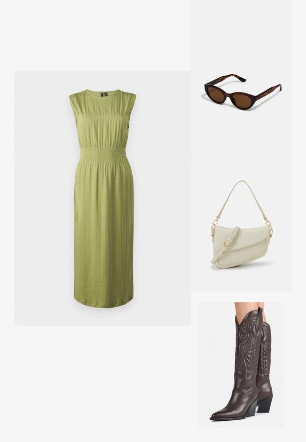 Vestido verde, sem mangas, com um corpete ajustado e cintura franzida. Tecido texturizado com linhas verticais sutis. Comprimento midi com barra reta.; Botas de cowboy em couro castanho com bico pontudo e salto quadrado, apresentando costuras detalhadas e realces elevados no cano.; Óculos de sol tortoiseshell castanhos com um formato vintage de olho de gato e lentes castanhas. Apresenta braços curvados com acentos vermelhos.; Pequena bolsa de creme com um acabamento texturizado, uma alça longa ajustável, um detalhe em corrente e um fecho de aba. Detalhes em hardware dourado.