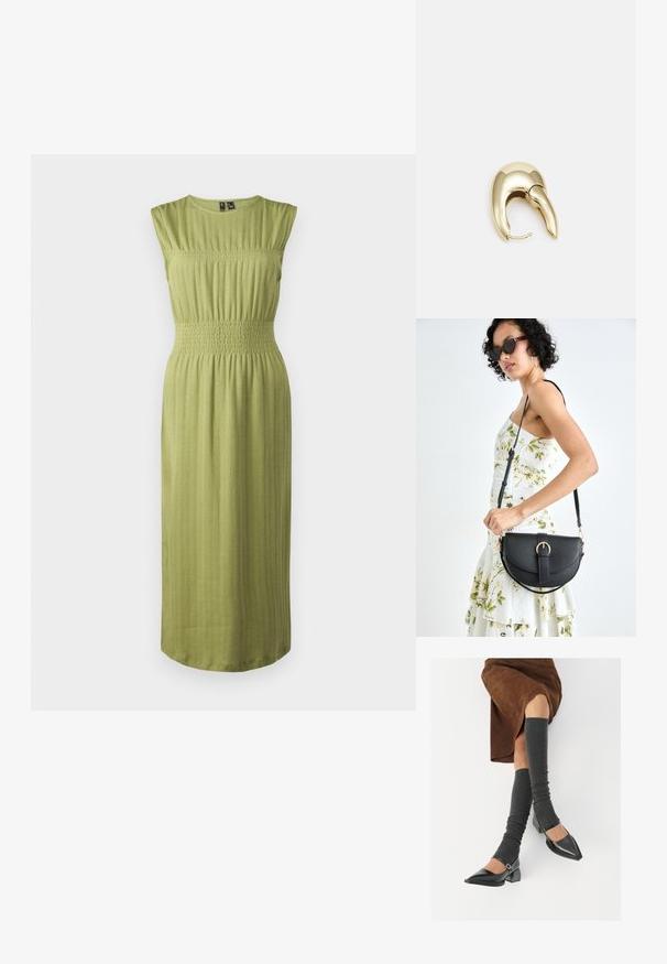 Zelena, brezrokavna obleka s prilagojenim korzetom in nabranim pasom. Teksturovan material z diskretnimi navpičnimi črtami. Midi dolžina z ravnim robom.; Črne lakirane čevlje s pointy prsti in blok peto ter z naramnicami za gleženj, ki jih kombiniramo s sivimi rebrastimi nogavicami in rjavim suknjičem iz usnja.; Črna usnjena torbica s ukrivljeno obliko, z odstranljivo naramnico in zlatimi dodatki. Torbica ima pokrov s podrobnostmi v obliki zaponke.; Uhane nakit iz zlatastega tona z gladko, ukrivljeno zasnovo. Ima edinstveno koničasto obliko, polirano površino in zaponko s tečajem.