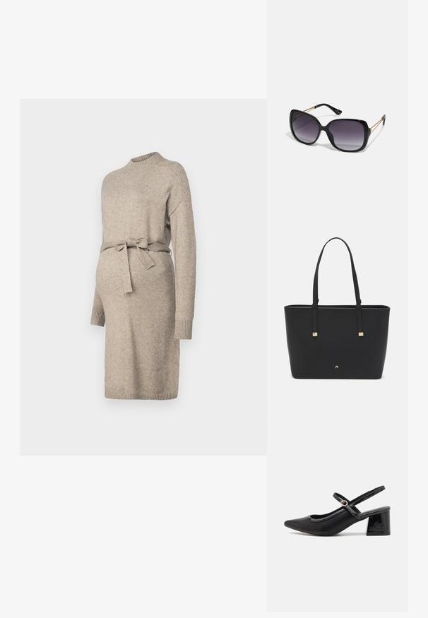 Vestito premaman tricot in beige chiaro con scollo rotondo, maniche lunghe e cintura in vita. Presenta polsini a coste e un design di lunghezza media.; Décolleté in vernice nera con cinturino dietro, punta affusolata, design con ritagli arrotondati e tacco a blocco. Presenta un accento di fibbia tono oro.; Occhiali da sole neri oversize con lenti sfumate, montatura spessa e dettagli in catena dorata sulle astine.; Borsa a tracolla nera in materiale sintetico, con un design rettangolare semplice, dettagli quadri dorati e doppi manici.