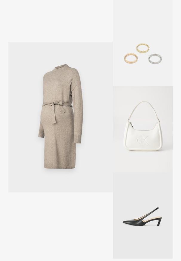Pleteni materinski kombinezon v svetli bež barvi s krožnim izrezom, dolgimi rokavi in pasom. Ima rebraste manšne in srednje dolžino.; Črne čevlje s koničastimi nosovi in slingback obliko z nizko peto, izdelane iz gladke usnjene materiale ter s črtasto zasnovo na strani za prezračevanje.; Bela usnjena torbica s ukrivljeno obliko, ki na sprednji strani nosi vžgano logo "CK" in ima eno naramnico. Zadrga za zapiranje na vrhu.; Trije kovinski prstani: eden rožnato zlati, eden zlat z teksturiranimi detajli in eden srebrn, vsi z vgraviranim logotipom na notranji strani.