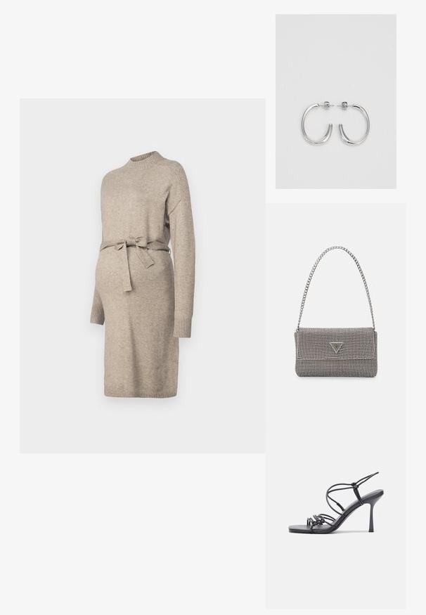 Trikotāžas grūtniecības kleita gaiši bēšā krāsā ar apaļu kaklu, garām piedurknēm un jostu viduklī. Iekļauj ribotu aproču dizainu un vidēja garuma stilu.; Melnas augstpapēžu sandales ar plāniem siksniņām un mezgla dizainu, gluda kvadrātveida purngalu un elegantu stiletto papēdi.; Gaiši pelēka metāla rokassoma ar ķēdes siksnu, rotāta ar mazām apaļām metāla kniedēm un trīsstūra zīmola logo.; Sudraba riņķveida auskari ar gludu, spīdīgu apdari. Apaļas formas, viegla dizaina, ar aizdari uz stieples.