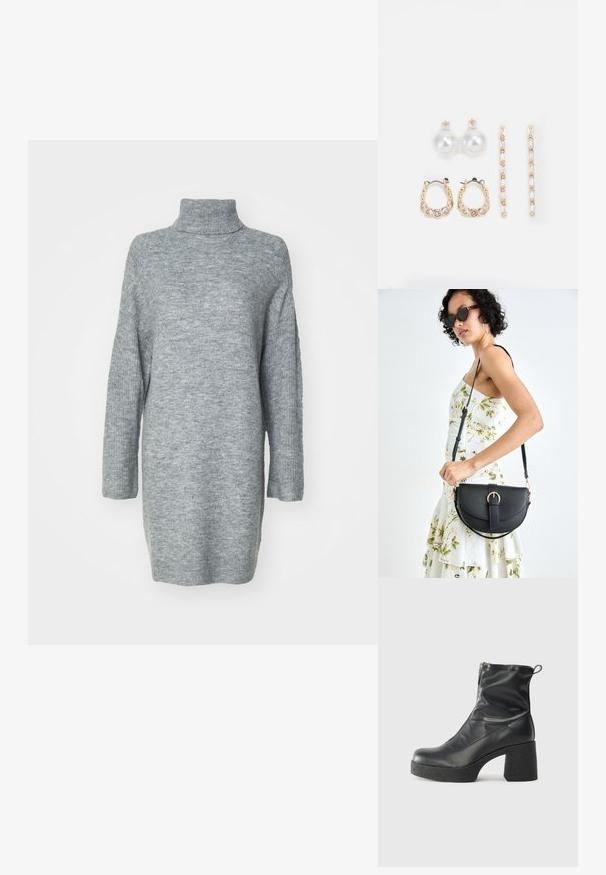 Heledhall, pika varrukatega turtleneck-kampsun pehmest kudumisest. Omab külgirindeid ja relaxed lõiget koos soonikkudumisega käiste ja krae ümber.; Mustad mustad ansapüksid, mis on valmistatud siledast nahast, külje zipperiga, paksu tekstuuriga kontsaga ja ümmarguse nina disainiga.; Mustmust mustraha kõverate joontega, eemaldatava rihmaga ja kuldsete detailidega. Kotil on klapp, millel on pandladetail.; Kolm paari kõrvarõngaid: suured valged pärlstudid, kuldsed rõngad läbipaistvate gemmidega ning kaks pikka, sirget kullast aktsentkõrvarõngast sädeleva detailiga.