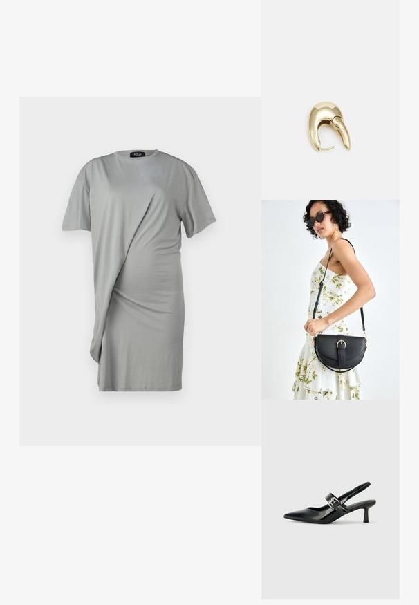 Siva haljina s kratkim rukavima, s drapiranim dizajnom i mekanim materijalom. Prednji dio ima detalje nabrane tkanine i asimetričnu donju ivicu.; Crne lakirane slingback potpetice s oštrim prstom i malom blok petom, s naglaskom na srebrnoj kopči na remenu.; Crna kožna torba s lukovitim oblikom, odvojivim remenom i zlatnim detaljima. Torba ima preklop s kopčom.; Zlatne metalne naušnice s elegantnim, zakrivljenim dizajnom. Imaju karakterističan šiljast oblik, poliranu površinu i zatvaranje na šarku.