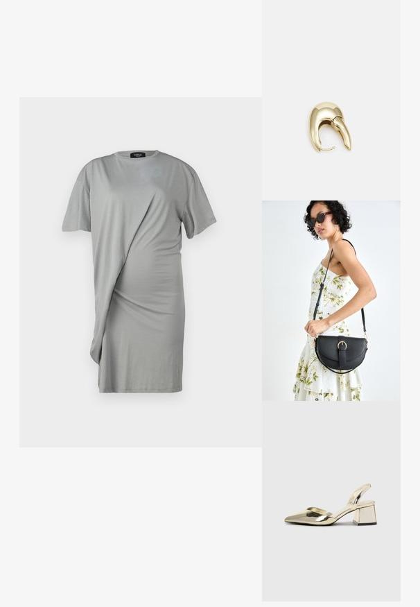 Siva haljina s kratkim rukavima, s drapiranim dizajnom i mekanim materijalom. Prednji dio ima detalje nabrane tkanine i asimetričnu donju ivicu.; Zlatni metalik slingback sandali s šiljatim vrhom i debelim potpeticama. Glatka tekstura, minimalistički dizajn i uski remen.; Crna kožna torba s lukovitim oblikom, odvojivim remenom i zlatnim detaljima. Torba ima preklop s kopčom.; Zlatne metalne naušnice s elegantnim, zakrivljenim dizajnom. Imaju karakterističan šiljast oblik, poliranu površinu i zatvaranje na šarku.