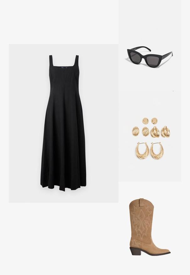 Černé maxi šaty bez rukávů s čtvercovým výstřihem, volným střihem a jednoduchými liniemi. Vyrobené z lehké látky bez vzorů nebo akcentů.; Hnědé semišové kovbojské boty s vyšívaným dekoračním prošíváním, středně vysokým sloupkovým podpatkem a poutkem na holeni.; Černé sluneční brýle ve stylu kočičích očí s matným povrchem, vybavené šedými zabarvenými skly, ostrými liniemi a elegantními bočními rameny. Název značky viditelný na vnitřní straně ramene.; Souprava náušnic ve zlatém tónu, která obsahuje tři páry: texturované oválné náušnice, náušnice s vlnitým designem a velké kruhové náušnice s vrstvenými rýhami.