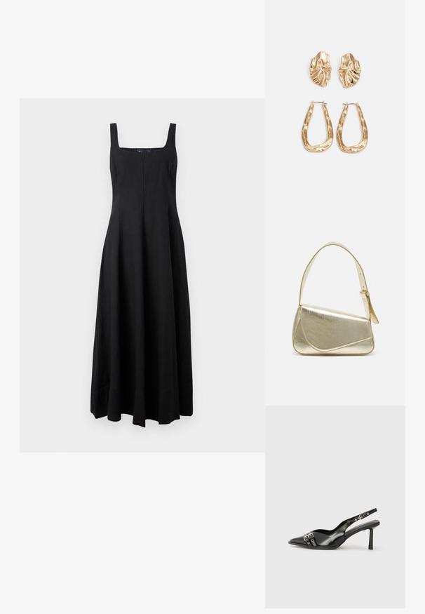 Robe maxi noire sans manches avec un décolleté carré, une silhouette fluide et des lignes simples. Fabriquée en tissu léger sans motifs ni accents.; Chaussure slingback en cuir verni noir avec un embout pointu, des brides de cheville avec des boucles en argent et des éléments en métal, et un talon fin.; Sac à main en métal doré avec un design structuré, texture lisse et bandoulière ajustable. Présente une forme triangulaire unique et des coutures minimalistes.; Boucles d'oreilles dorées présentant des formes texturées et ondulées. Comprend des clips sculpturaux et un design de créoles ouvertes avec une finition martelée.