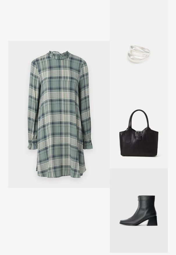 Plaid dress in green, white, and navy. Features a high neckline with ruffled trim and long sleeves with gathered cuffs. Soft fabric, relaxed fit.; Black leather ankle boot with square toe, side zipper, and block heel against plain light background.; Black leather tote bag with smooth texture, structured shape, two handles, and a prominent silver buckle detail on the front.; Silver double-band ring with a smooth, polished surface. Features a fluid, curved design with overlapping sections for a modern look.