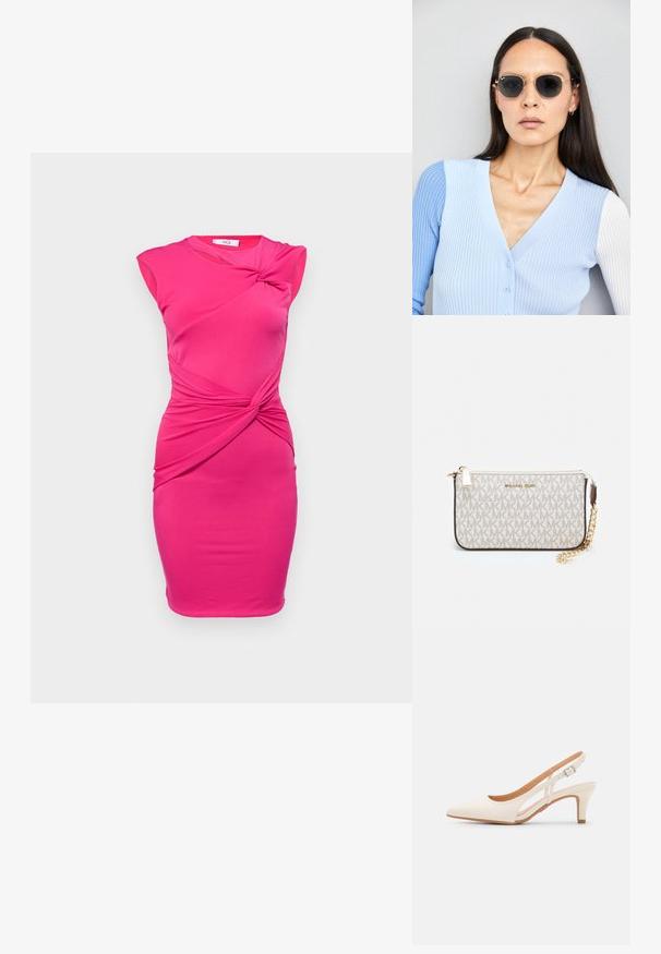 WAL G. TILLY CUT OUT MINI - Rochie cocktail/Rochie petrecere - fuchsia; Sandaie cu toc alb, cu vârful ascuțit, material superior neted, toc mic tip bloc și design cu decupaj lateral, cu curea ajustabilă.; Ochelari de soare rotunzi cu lentile întunecate și rame aurii. Modelul poartă un cardigan ribbed de culoare albastru deschis cu nasturi și mâneci albe în contrast.; Clutch Michael Kors din canva acoperit bej, cu un model repetitiv al logo-ului MK, accesorii din aur și o curea cu lanț detașabil.