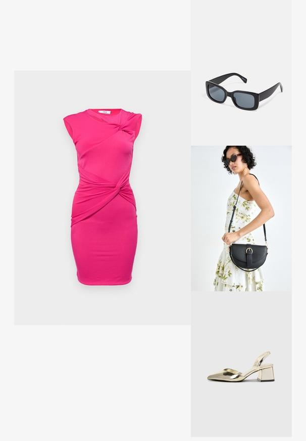 WAL G. TILLY CUT OUT MINI - Vestido de cocktail / Vestido de festa - fuchsia; Sapatos de salto alto metálicos dourados, com biqueira em ponta e salto grosso. Textura suave, design minimalista e uma tira estreita.; Óculos de sol retangulares pretos com lentes escuras, armação de plástico espessa e hastes largas. Superfície lisa e design angular.; Bolsa de couro preta com forma curva, alça destacável e detalhes em dourado. A bolsa possui uma aba com detalhe de fivela.