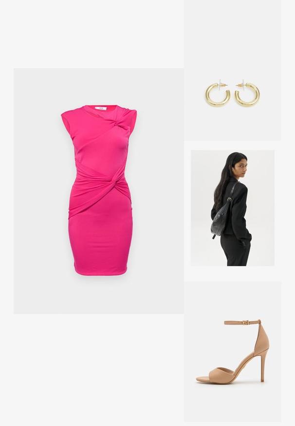 WAL G. TILLY CUT OUT MINI - Kokteilikleit/peokleit - fuchsia; ALDO CRERIDE PILLOW WALK - Sandaalid - beige; Pikkade tumehaired naine mustas ülikonnas, kandes musta nahast õlakotti, vaatab üle õla valge tausta taustal.; Kuldne rõngassõrmused sileda ja läikiva viimistlusega. Ringikujuline disain, millel on väike post ja selge tagumine külg, et tagada kindel kandmine.