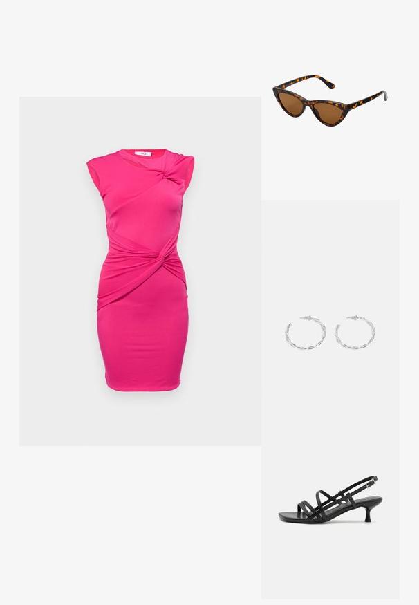 WAL G. TILLY CUT OUT MINI - Koktélruha / Partiruha - fuchsia; Fekete magassarkú szandálok több keresztben átkötött pánttal. Simább anyag, hegyes orr és keskeny sarok. Állítható bokapánt kapcsos rögzítéssel.; Cica szemüveg fekete és narancssárga teknőc pánttal, barna lencsékkel és sima, hegyes végekkel. A templomán egy minimalista logó található.; Ezüst karika fülbevalók csavart kialakítással, fényes felülettel és fülbevaló tűzáras zárással. Átmérőjük körülbelül 3 cm.