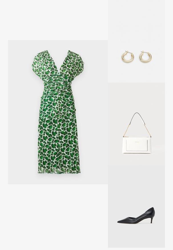 Vestido midi floral verde com decote em V profundo, design franzido, mangas curtas e bainha em forma de ondas. Feito de tecido leve com uma textura semi-transparente.; Sapato de salto alto preto em pele com bico fino e salto baixo. Apresenta uma textura suave e brilho subtil. Corte aberto na parte da frente para um detalhe adicional.; Bolsa de mão branca em couro com acabamento texturizado, featuring a corrente dourada e detalhes pretos. Inclui um bolso frontal e fecho com zipper.; Lauren Ralph Lauren BASIC SMALL HOOP - Brincos - gold-coloured