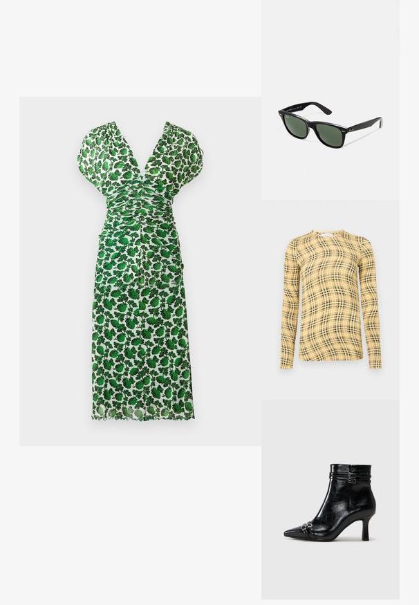 Rochie midi verde cu imprimeu floral, decolteu adânc în V, design strâns, mâneci scurte și tiv zimțat. Confecționată dintr-un material ușor cu o textură semi-transparentă.; Rabanne Bluză cu mânecă lungă - green/yellow/cream; Tamaris Botine cu talpă ortopedică - black; Ochelari de soare din plastic negru cu lentile verzi, rame pătrate, accent argintiu pe sprânceană și brațe texturate. Marca este menționată pe brațul interior.