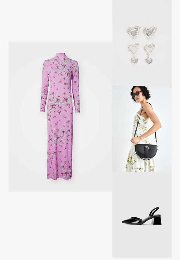Vestido longo rosa com gola alta e mangas compridas, apresentando um padrão abstrato colorido em toda a peça. Feito de um tecido suave e elástico.; Sandy em verniz preto com salto slingback, ponta afilada e salto geométrico. Apresenta um design elegante e minimalista com textura suave.; Bolsa de couro preta com forma curva, alça destacável e detalhes em dourado. A bolsa possui uma aba com detalhe de fivela.; Os brincos em forma de coração prateados apresentam pedras claras facetadas, com uma moldura texturizada. O conjunto inclui estilos de botão e de gota.