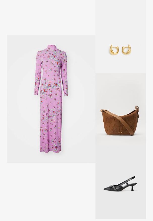 Rochie lungă roz cu guler înalt și mâneci lungi, având un model abstract colorat pe întregul material. Fabricată dintr-un material moale și elastic.; Pantofii slingback din piele neagră, cu vârful ascuțit, curele decorative cu ochiuri din metal și toc bloc mic. Suprafață texturată.; Geantă de umăr din suede maro cu un design floral embosat, completată de o curea din piele maro netedă și accente din metal auriu.; Cercei din aur cu un design neted și rotunjit, având un finisaj lustruit. Cerceii au o formă compactă și chunky și un închizător fără sudură.
