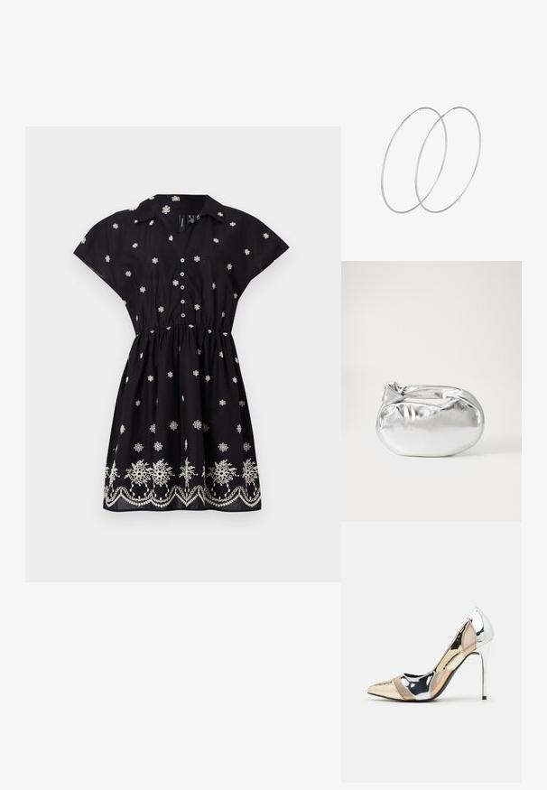 Juodas suknelė su trumpomis, plačiomis rankovėmis, saga priekyje ir susirinkusia juosena. Yra balti gėlių siuvinėjimai ir dekoratyvus apdaila apatiniame krašte.; Aštrus pirštas aukštakulnis batelis su sidabro, aukso ir nuogų spalvų deriniu. Blizgus paviršius su išpjovos dizainu, su stiletto kulnu.; Sidabrinė metalinė maišelio forma su švelnia, apvalia forma ir mazgu užveriamu viršumi. Pagaminta iš lygios dirbtinės odos medžiagos.; Sidabrinės pusmėnulio auskarai minimalistiniu dizainu. Apskritimo forma, lygus paviršius ir plonas profilis. Lengvi su poliruotu apdailu.