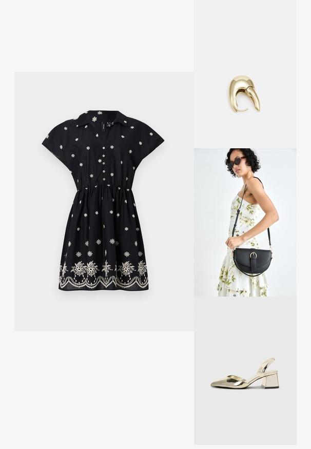 Črna obleka s kratkimi, širokimi rokavi, gumbnim zapiranjem na sprednji strani in nabranim pasom. Ima belo cvetlično vezenje in dekorativen vzorec na robu.; Zlati, kovinski slingback čeveljci z ostrim nosom in masivnim peto. Gladka tekstura, minimalistična zasnova in ozka zanka.; Črna usnjena torbica s ukrivljeno obliko, z odstranljivo naramnico in zlatimi dodatki. Torbica ima pokrov s podrobnostmi v obliki zaponke.; Uhane nakit iz zlatastega tona z gladko, ukrivljeno zasnovo. Ima edinstveno koničasto obliko, polirano površino in zaponko s tečajem.