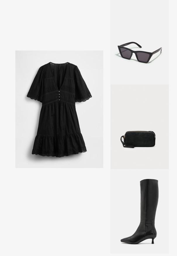 Zwart kortemouwen jurk met V-hals, knopen aan de voorkant, kantdetails en een golvende zoom en mouwranden.; Zign Laarzen - black; Zwarte, hoekige zonnebril met grijze lenzen; gemaakt van plastic, met dikke armen met een gladde oppervlakte en zonder zichtbare hardware.; Zwarte suède clutchtas met een ritssluiting en een afneembare polsband. Voorzien van goudkleurige hardware en een gladde, matte textuur.