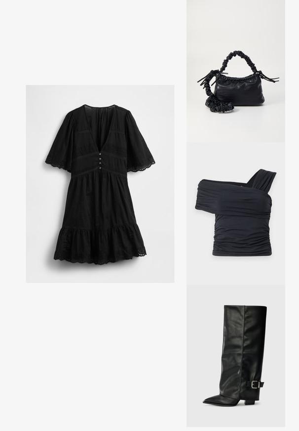 Crna haljina kratkih rukava s V-izrezom, prednjim dugmadima, čipkastim detaljima i valovitim rubovima na donjem dijelu i rukavima.; Crna bluzica bez naramenica napravljena od mekog, rastezljivog materijala, sa nabranim detaljima i širokim remenom s jedne strane.; Crne kožne čizme do gležnja sa šiljastim vrhom, glatkom teksturom i srebrnim kopčanjem sa strane. Debela kvadratna peta.; Crna torba od umjetne kože s teksturom krokodila, s cinčanim vrhom i naboranom trakom. Izgleda mekano i kompaktno u dizajnu.