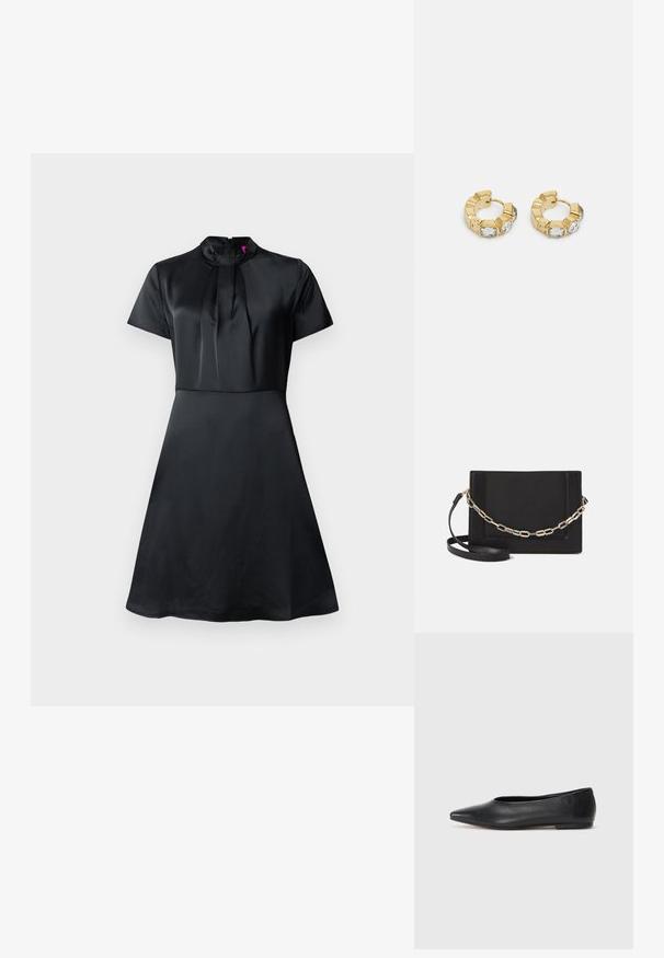 Vestido de cetim preto com mangas curtas, um colarinho alto e detalhes plissados na gola. Silhueta em A com uma textura suave.; Bailarina de couro preto, bico fino, design minimalista, textura suave, salto baixo, sem hardware ou embelezamentos visíveis.; Bolsa crossbody de couro preto com uma textura suave, forma retangular e um detalhe em corrente metálica na frente. Inclui uma alça ajustável.; Brincos de argola dourados com um design texturizado e três cristais transparentes em um lado, oferecendo uma estética geométrica moderna.