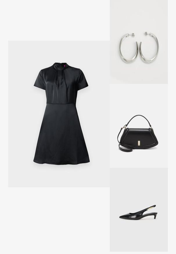 Crna saten haljina s kratkim rukavima, visokim okovratnikom i nabranim detaljima na dekolteu. A-linija silueta s glatkom teksturom.; Crne kožne sandale s petom, s izduženim vrhom, imaju usku petu i zlatni akcent na podesivoj traci. Glatka tekstura.; Crna kožna torba s strukturiranim dizajnom, s krojenim oblikom, gornjom drškom i zlatnim detaljima. Uključena je podesiva ramena traka.; Srebrne kružne naušnice s glatkim, zakrivljenim dizajnom. Imaju sjajnu metalnu završnu obradu i kopču na tipku. Nema vidljivih uzoraka ili ukrasa.