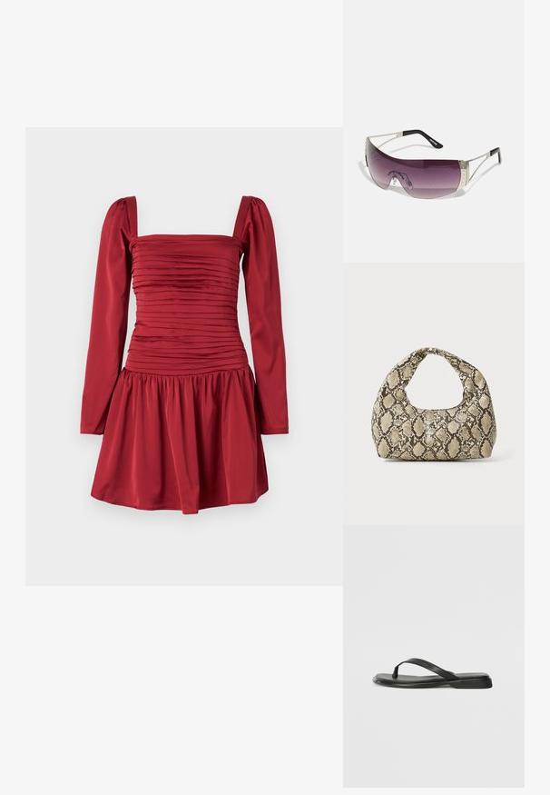 Robe rougeâtre avec des manches longues, un décolleté carré et une texture de tissu froncé le long du corsage ; s'évase en une jupe plissée.; Tongs noires en cuir lisse, avec un design de sangle fine et une semelle plate à profil minimal. Aucun motif ou accent notables.; Lunettes de soleil avec des verres violets large et incurvés, des accents en métal argenté et des branches noires arborant un logo. Des détails texturés sur la monture sont visibles.; Sac à main en motif serpent avec une poignée incurvée. Fabriqué à partir de matériaux texturés beiges et bruns, présentant un motif en diamant distinctif.