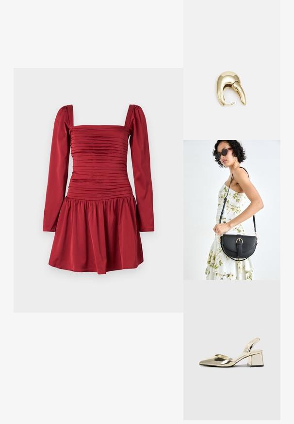 Crvena haljina s dugim rukavima, kvadratnim izrezom i nabranim materijalom duž tijela; prelijeće u suknju s naborima.; Zlatni metalik slingback sandali s šiljatim vrhom i debelim potpeticama. Glatka tekstura, minimalistički dizajn i uski remen.; Crna kožna torba s lukovitim oblikom, odvojivim remenom i zlatnim detaljima. Torba ima preklop s kopčom.; Zlatne metalne naušnice s elegantnim, zakrivljenim dizajnom. Imaju karakterističan šiljast oblik, poliranu površinu i zatvaranje na šarku.
