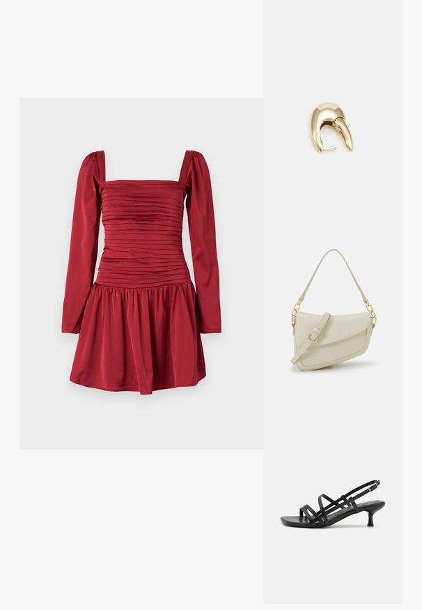 Karmiinpunane kleit pikkade varrukatega, ruudukujuline dekoltee ja riidest kogutud tekstuur büstiosal; laiendab end volditud seeliku suunas.; Mustad musta kandaga sandaalid, millel on mitmed risti minevad rihmad. Sile materjal, terav nina ja kitsas konts. Reguleeritav pahkluuri rihm klambriga.; Väike kreemjas käekott tekstureeritud viimistlusega, pikendatav rihm, ketiläbimõõt ja klapiga sulgemine. Kuldsed metalldetailid.; Kuldtooni metallist kõrvarõngas, millel on elegantne ja kaarjas disain. Omab silmapaistvat teravat kuju, poleeritud pinda ja hingesulgemist.