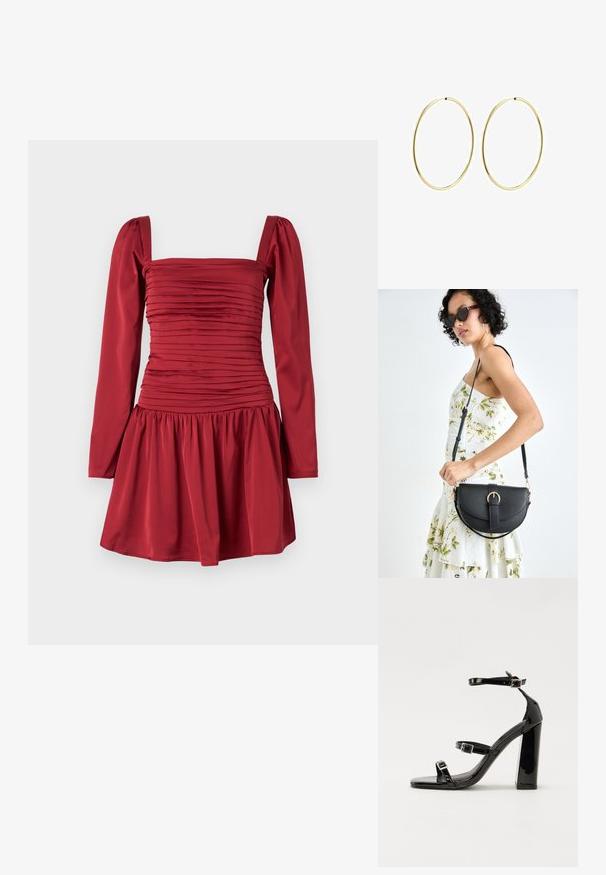 Vestido rojizo con mangas largas, escote cuadrado y textura de tejido fruncido a lo largo del torso; se ensancha en una falda con pliegues.; Sandalias de tacón de charol negro con punta cuadrada, correas en el tobillo y hebillas plateadas. Presentan un tacón grueso para mayor estabilidad.; Bolso de piel negra con forma curva, correa desmontable y herrajes dorados. El bolso cuenta con una solapa con un detalle de hebilla.; Pendientes de aro dorados con un diseño suave y redondeado. Finos y livianos, presentan un lazo continuo sin ningún tipo de adornos.