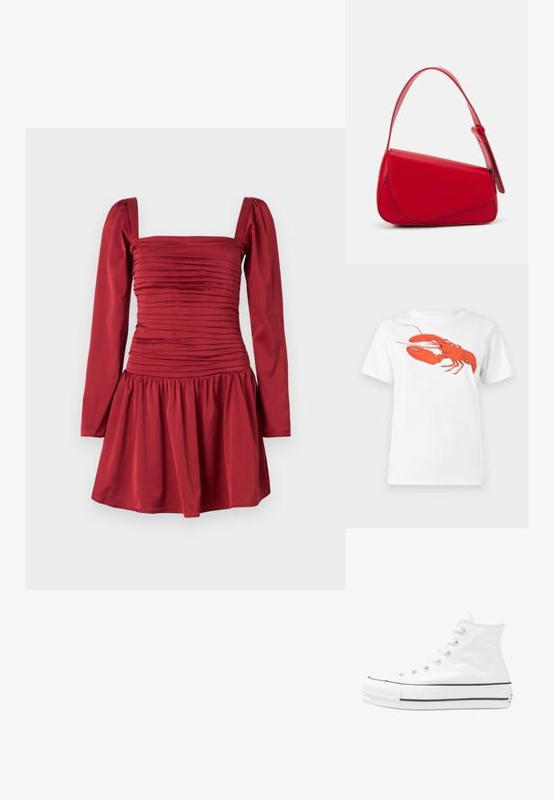 Karmiinpunane kleit pikkade varrukatega, ruudukujuline dekoltee ja riidest kogutud tekstuur büstiosal; laiendab end volditud seeliku suunas.; Valge puuvillane T-särk, mille ees on suur erkpunane homaarigraafika. Lühikesed varrukad ja tavaline ümar kaelus.; Valge kõrgem kangast tenniseking, millel on must kummist tald, ees kummist varvasetugi ja kuus aukku paelte jaoks, pakkudes puhta ja minimalistliku disaini.; Punane nahast käekott, millel on nurkadega geomeetriline disain. Omab ühte reguleeritavat rihma ja klappidega sulgemist, millel on õmblustega kaunistused.