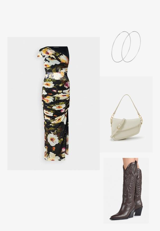 Kwiatowa sukienka na czarnym tle, z jednym ramieniem, z marszczonym teksturem, w intensywnych kolorach w wzory kwiatowe, o długości sięgającej podłogi.; Brązowe skórzane kowbojki z noskiem w kształcie migdała i blokowym obcasem, z detalicznym przeszyciem i podniesionymi akcentami na cholewce.; Mała torebka w kolorze kremowym z teksturowanym wykończeniem, długim regulowanym paskiem, akcentem z łańcucha oraz zapięciem na klapkę. Wykończenia w kolorze złotym.; Srebrne kolczyki w formie obręczy o minimalistycznym designie. Okrągły kształt, gładka faktura i cienki profil. Lekkie, z polerowanym wykończeniem.