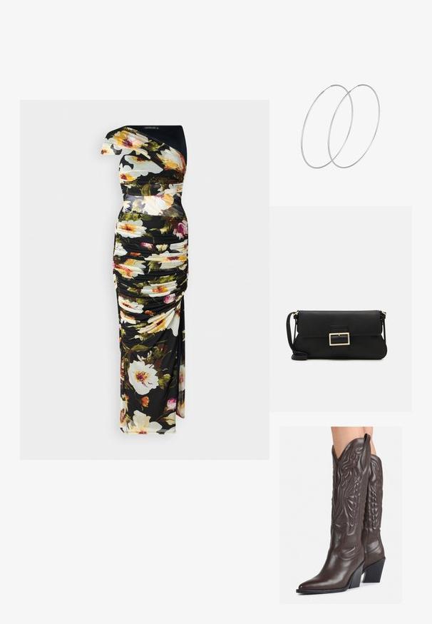 Bloemenjurk met zwarte basis, ontwerp met één schouder, gerimpelde textuur, levendige kleuren in bloemenpatronen en een vloerlange silhouet.; Bruine leren cowboylaarzen met een spitse neus en blokhak, voorzien van gedetailleerde stiksels en verhoogde accenten op de schacht.; Zwarte leren clutch met een klep en een gouden metalen sluiting. Inclusief een zwarte schouderband en een slank, minimalistisch ontwerp.; Zilveren hoepel oorbellen met een minimalistisch ontwerp. Cirkelvormig, gladde textuur en dun profiel. Lichtgewicht met een gepolijste afwerking.
