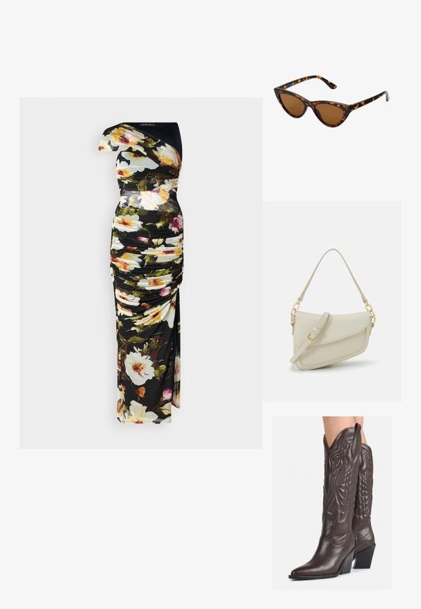 Floral dress with black base, one shoulder design, ruched texture, vibrant colors in floral patterns, and floor-length silhouette.; Brown leather cowboy boots with pointed toe and block heel, featuring detailed stitching and raised accents on the shaft.; Cat-eye sunglasses with a black and orange tortoiseshell frame, brown lenses, and sleek, pointed tips. Features a minimal logo on the temple.; Small cream handbag with a textured finish, a long adjustable strap, a chain accent, and a flap closure. Gold hardware detailing.; Gold hoop earrings with a smooth, shiny finish. Circular design featuring a small post and clear backing for secure wear.