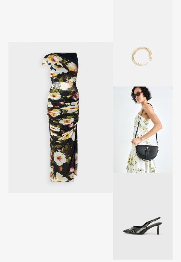 Cvetna obleka z črno podlago, zasnova z enim naramnicom, drapirana tekstura, živahne barve v cvetličnih vzorcih in dolžina do tal.; Črne patentne usnjene sandale s koničastim nosom, zankami okoli gležnja s srebrnimi sponkami in opremo ter vitkimi petami.; Črna usnjena torbica s ukrivljeno obliko, z odstranljivo naramnico in zlatimi dodatki. Torbica ima pokrov s podrobnostmi v obliki zaponke.; Zlati prstan s organskim, zvitim dizajnom, gladko površino in taperiranimi konci, ki ustvarja modernega, skulpturalnega videza.