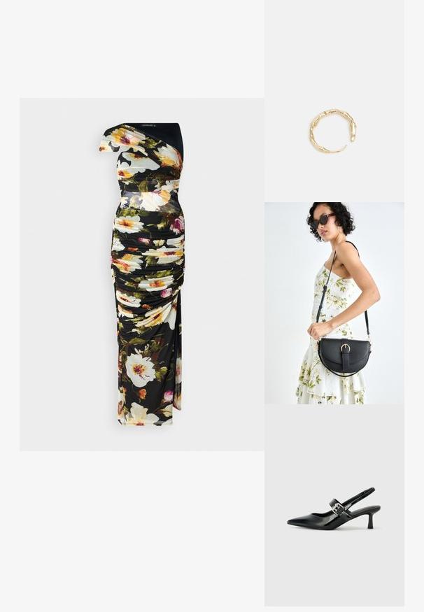 Vestido floral con base negra, diseño de un solo hombro, textura arrugada, colores vibrantes en patrones florales y silueta hasta el suelo.; Zapatos de tacón en charol negro con tira al tobillo, punta afilada y un pequeño tacón bloque, que cuentan con un acento de hebilla plateada en la correa.; Bolso de piel negra con forma curva, correa desmontable y herrajes dorados. El bolso cuenta con una solapa con un detalle de hebilla.; Anillo en tono dorado con un diseño orgánico y retorcido, con una textura suave y extremos cónicos, creando una apariencia moderna y escultórica.
