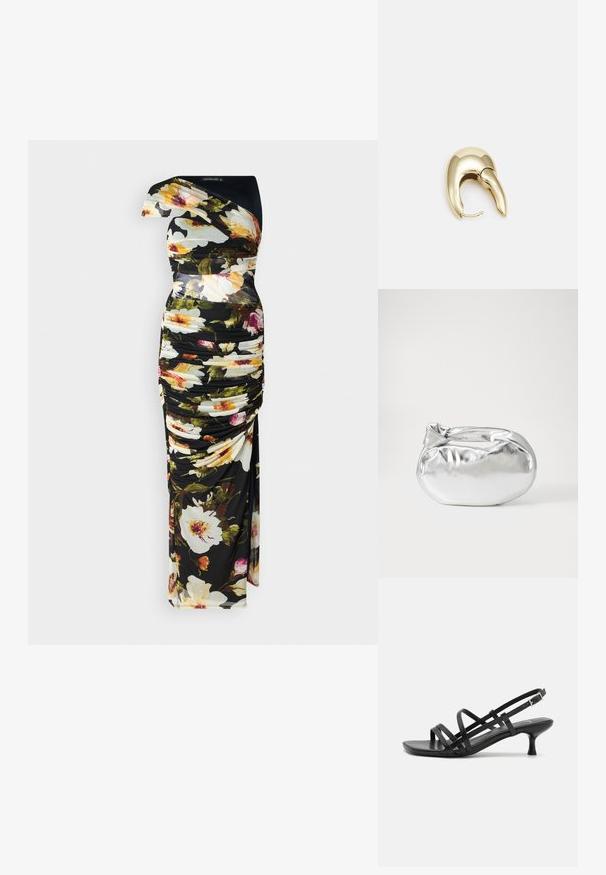 Robe fleurie avec une base noire, design à une épaule, texture froncée, couleurs vives dans des motifs floraux, et silhouette longue jusqu'au sol.; Sandales à talons noirs avec plusieurs brides entrecroisées. Matériau lisse, bout pointu et talon étroit. Bride de cheville ajustable avec boucle.; Pochette en métal argenté avec une forme douce et arrondie et un fermoir en haut noué. Fabriquée en simili cuir lisse.; Boucle d'oreille en métal doré avec un design élégant et courbé. Présente une forme conique distinctive, une surface polie et une fermeture à charnière.